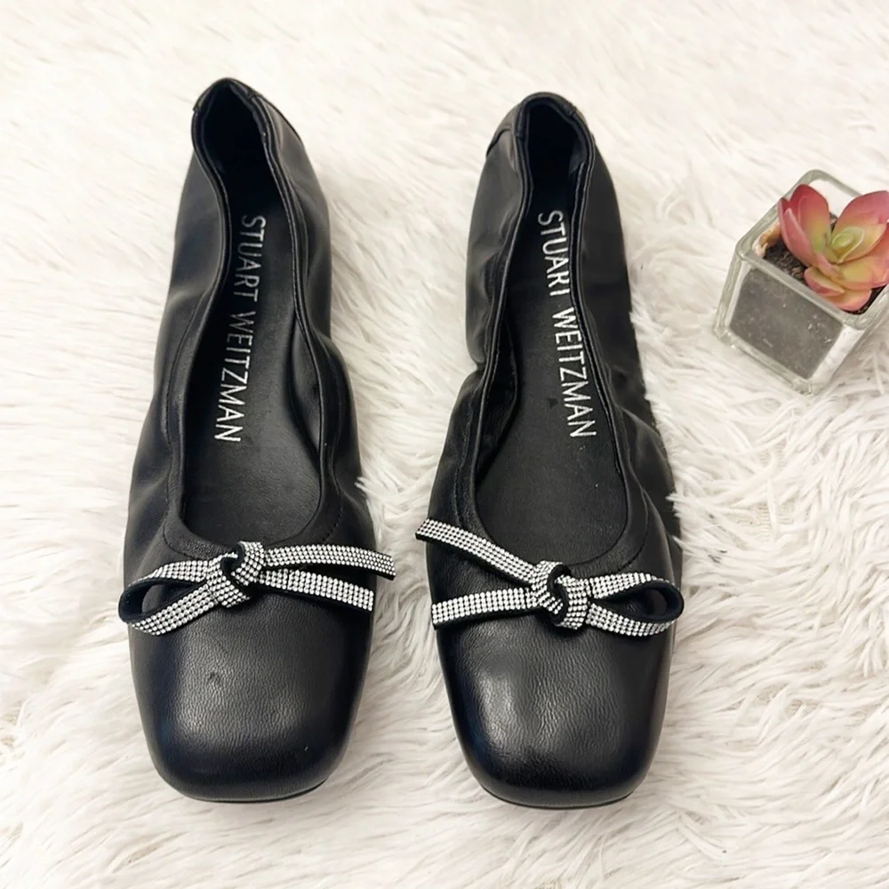 NEW Stuart Weitzman SW Bow ballerina black lamb skin leather flats women size 8